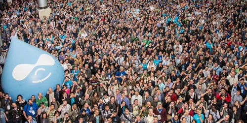 Large crowd gathered outdoors with a blue Drupal logo balloon.